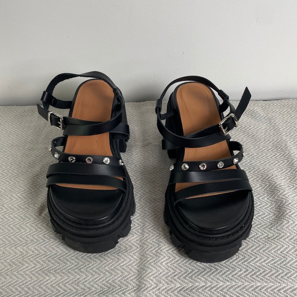 Ganni Platform Sandals Womens 37 Black Crystal Leather Chunky Lug Sole Strappy